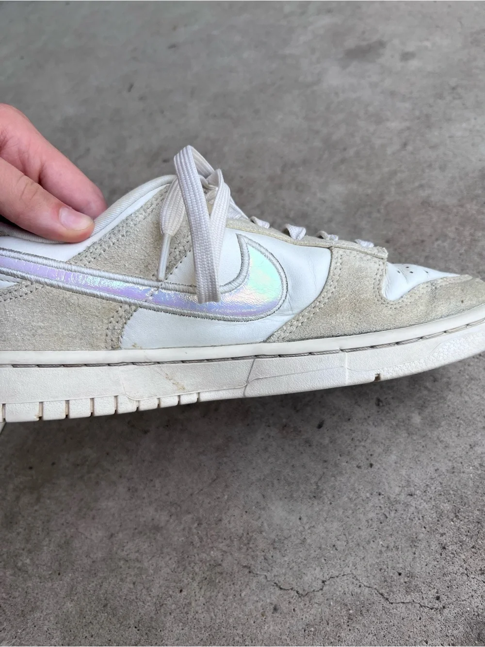 Nike Dunk Low Sneakers - White & Light Gray with Iridescent Swoosh